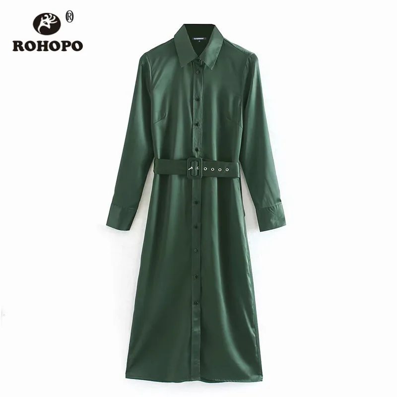 ROHOPO зеленая пятнистая блузка миди платье воротник с лацканами пуговицы мягкий пояс прямой сплошной шелковистый длинный рукав Vestido#9248 - Цвет: Зеленый