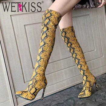 

WETKISS Sexy Snake Skin Pu Boots Women Stretch Platform Boot Female Round Toe Over The Knee Shoes Ladies High Heels Shoes Winter