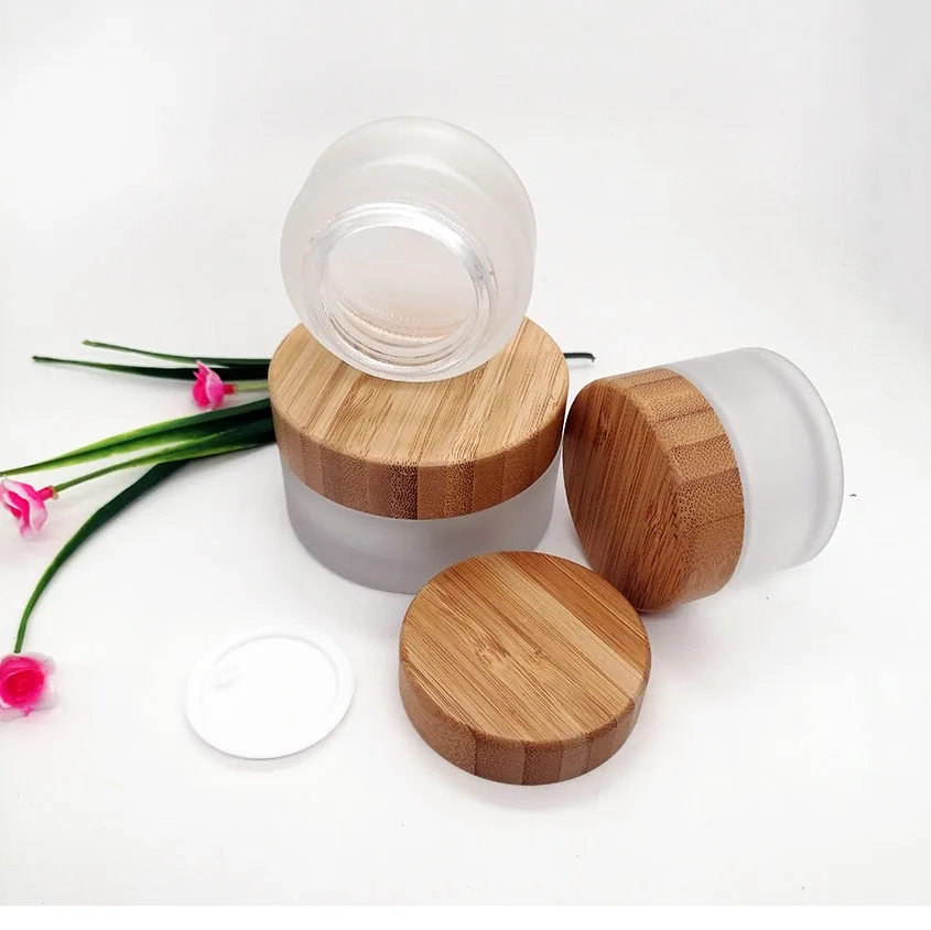 

3pcs 30g 50g 100g frosted glass cream jar eco-friendly wooden lid bamboo cap cosmetic packaging container