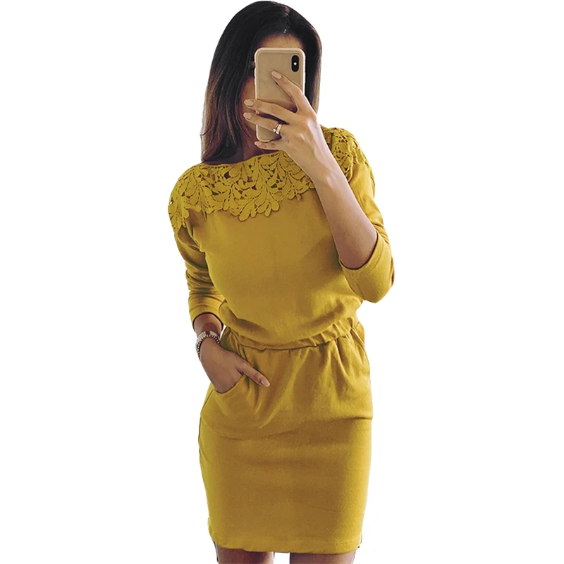 

Women Clothes 2019 Autumn Winter Dress Long Sleeve Patchwork Lace Casual Dresses Solid Elegant Office Lady Dress Mini Robe GV310