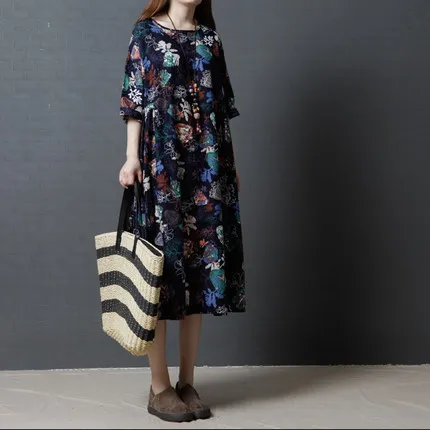 

Summer New Style Korean-style Loose And Plus-sized WOMEN'S Dress-Style Cotton Linen Mid-length Big Flower Dress