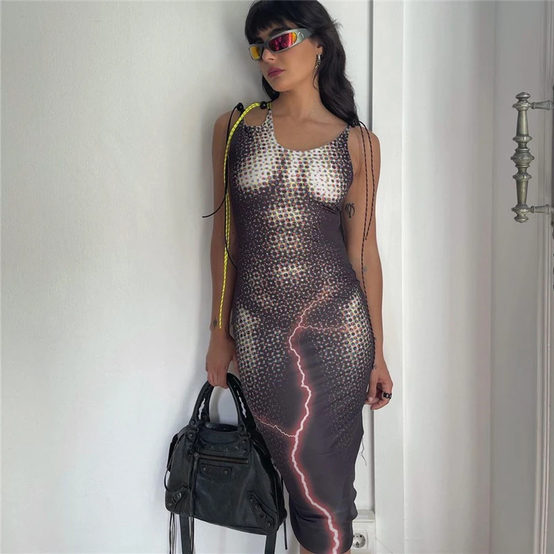 Simenual 3D Printing Buckle Strap Bodycon Maxi Dresses Summer Fashion 2021 Clubwear Outfits Cyberghetto Baddie Aesthetic Dress