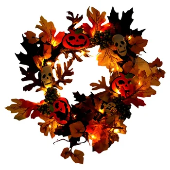 

Halloween Simulation Flower Garland With Lamp Maple Leaf Window Decor Ghost Festival Rattan Ring Maple Leaf Bat Door Hanging H