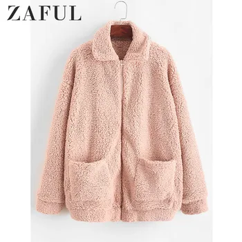 

ZAFUL Zip Up Pocket Drop Shoulder Fluffy Coat For Women Faux Shearling Wide-Waisted Drop Shoulder Tops Turn-Down Collar Winter