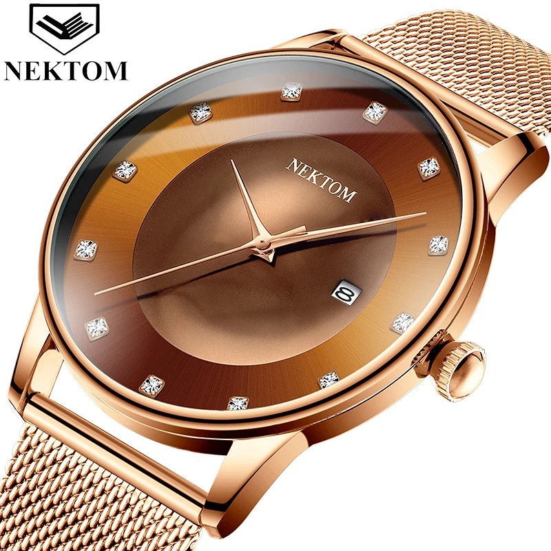 

Luxury Brand NEKTOM gold Watches Mens Quartz Business Wristwatch Fashion Clock Classic Steel Band Watch Reloj Hombres