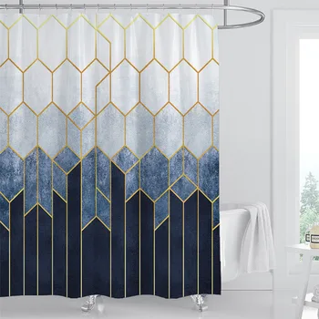 

Geometric Grid Digital Printing Machine Washable Ombre Drape Soft Privacy Protection Low Transparency Shower Curtain Bath Decor