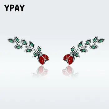 

YPAY Real 925 Sterling Silver Stud Earrings for Women Girls Insect Red Ladybug & Leaves Earring Brinco Fine Jewelry Gift YME156