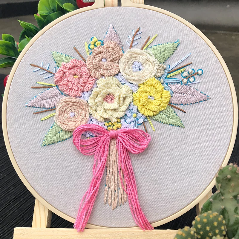 1Pcs DIY Flower Embroidery Kit with Vintage Hoop for Beginner Needlework Floral Cross Stitch Wall Painting Art Home Decor Gift