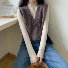 Харадзюку женский свитер Топы Свободный пуловер жилет женская одежда сплошной цвет короткий v-образный вырез женский свитер Chaleco Sueter