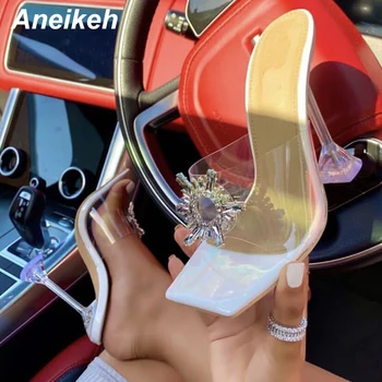 

Aneikeh Summer Sexy CRYSTAL Sun Flowert Square toe Sandals Slides High Heel Slippers Outside Party Slip On Thin Heels Women Mule