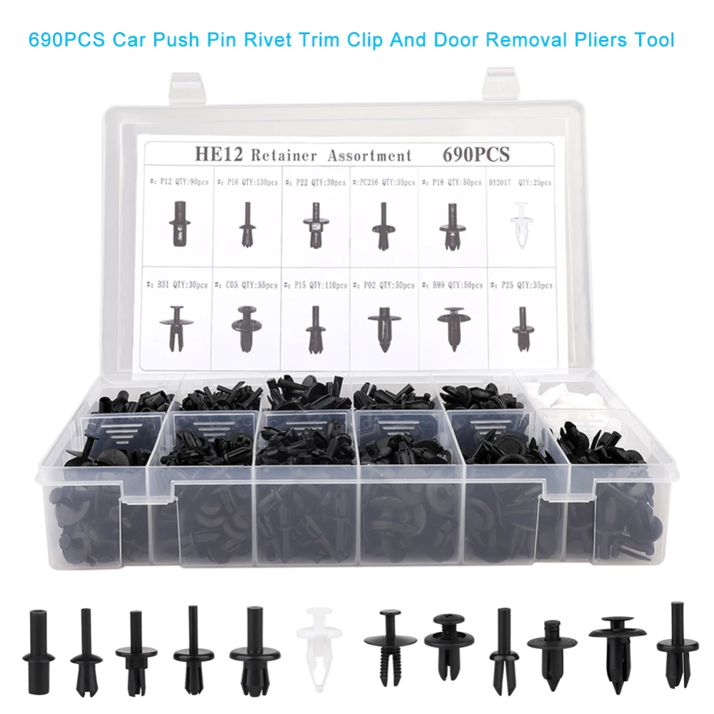 690 шт. Автомобильная отделка крепежных деталей набор зажимов для формовки 12 размеров, автомобильные зажимы с заклепками, инструменты для удаления дверей