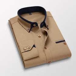 Qualidade camisa masculina manga longa sarja sólida listrado vestido de negócios escritório camisa casual fino ajuste camisas de vestido de homem