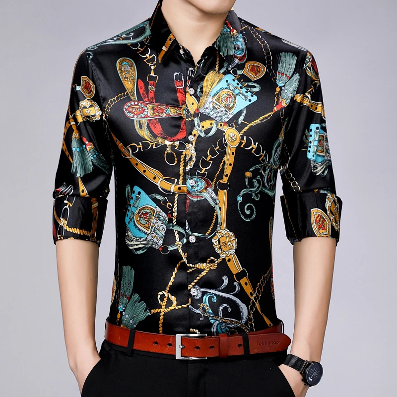 de con estampado de cadena para hombre, camisas de vestir satén para hombre, ropa de fiesta para Club, Vintage real, blusas|Camisas informales| - AliExpress