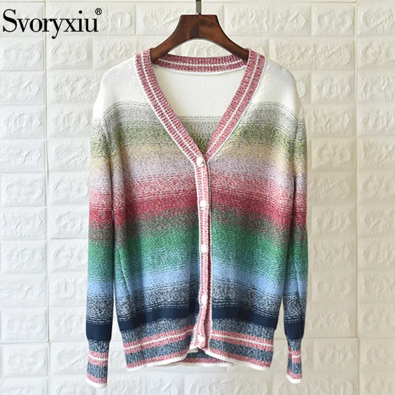 

Svoryxiu Designer Autumn Winter Fashion Colorful Ombre Knitting Cardigan Women's Long Sleeve V-Neck Loose Sweater Coat Knitting