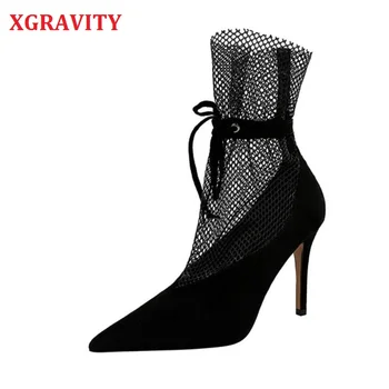 

XGRAVITY New Pointed Toe High Heels Woman Shoes Deep V Design Lady Fashion Shoes Cut Out Lace Mesh Women Shoes Sexy Shoes A242