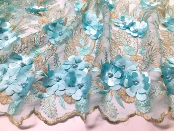 

3d flower pattern french lace fabric high quality african tulle net lace fabric 3d flower with beads for dress M19305
