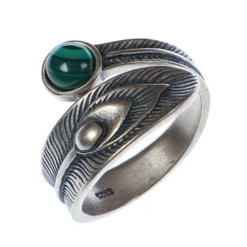 

S925 Silver Vintage Malachite Ring Women's Open Silver