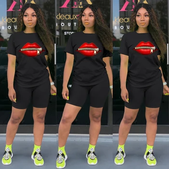 

Sexy Red lips Print Tracksuit Women 2 Piece Set Summer Top and Shorts Set jogging femme biker shorts Black women clothes Outfit