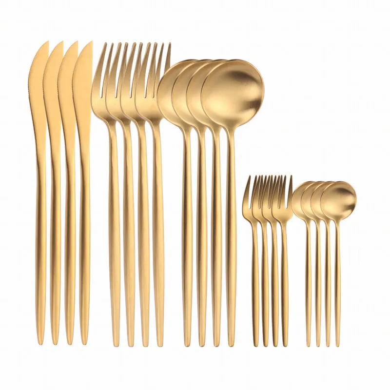 

Utensils 304 Stainless Steel Cutlery Sets Matte Polish Gold Color Tableware Set Dinner Knife Salad Fork Tea Spoon Dinnerware Set