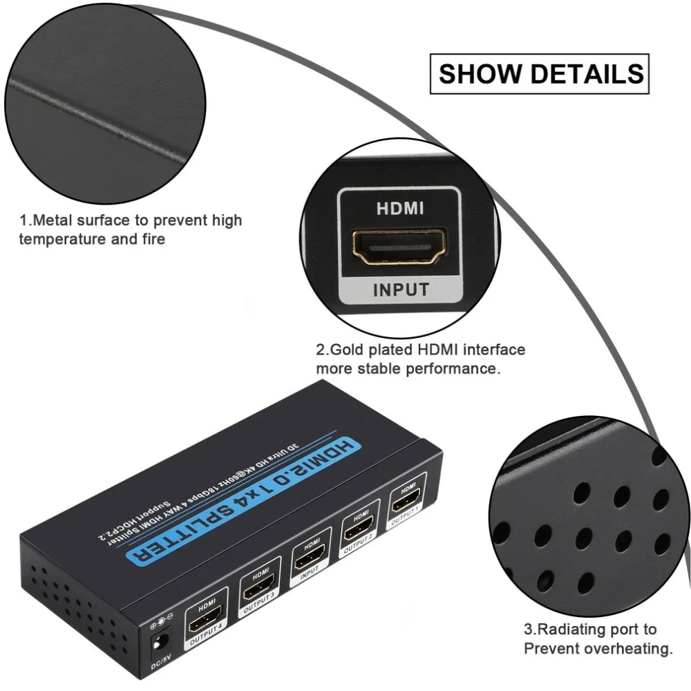 HDMI 1x4 сплиттер 3D Ultra HD 4Kx2K@ 60 Гц 18 Гбит/с HDCP2.2 1 в 4 из 4 Выход HDMI разветвитель для HDTV и монитора высокой четкости