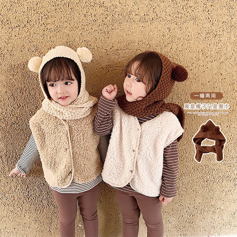 Children Knitted Hat Autumn and Winter Toddler Girl Neck Ear Protection One Baby Winter Warm Wind Hat Small Ball Baby Girl Cap