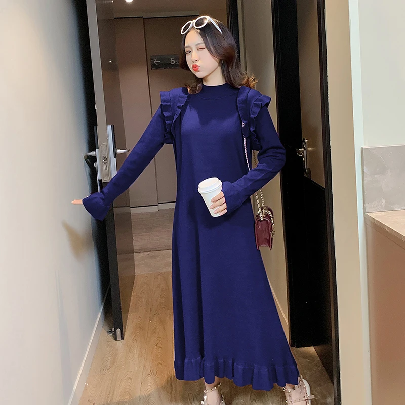 Navy Blue Зимнее однотонное вязаное платье для беременных женщин, офисное элегантное платье-труба, модная одежда для беременных, деловое платье - Цвет: Navy Blue