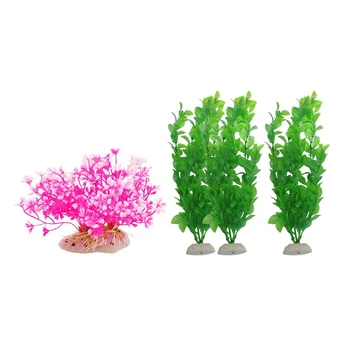 

4 Pcs Plastic Artificial Plants for Aquarium Fish Tank - 3 Pcs Green & 1 Pcs Hot Pink White