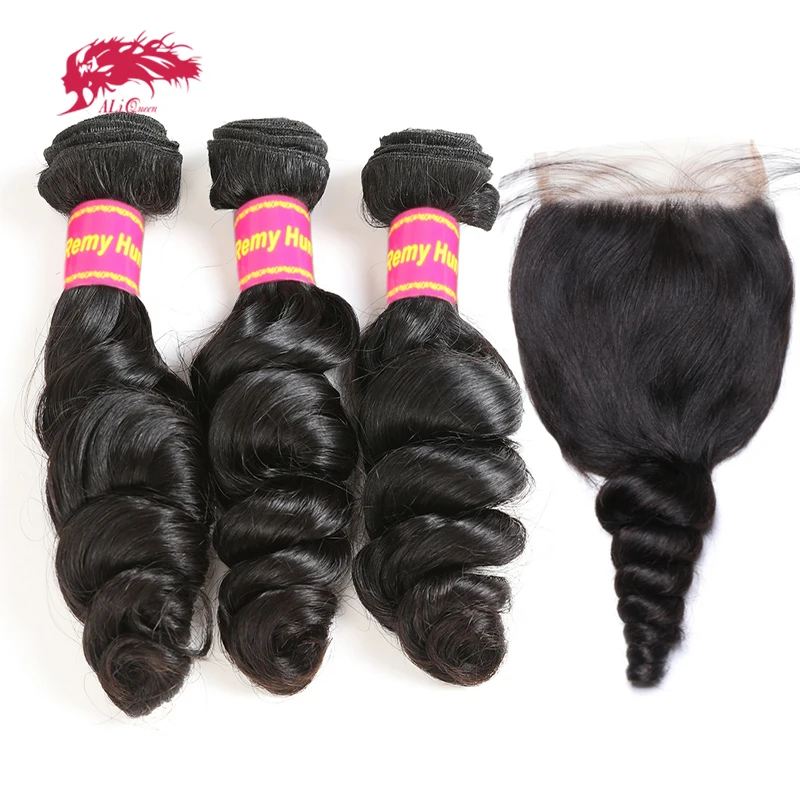 

Ali Queen Brazilian Loose Wave Human Hair Weave Bundles With Closure Remy Hair 3pcs Bundles With Free Part 4x4 Lace Closure