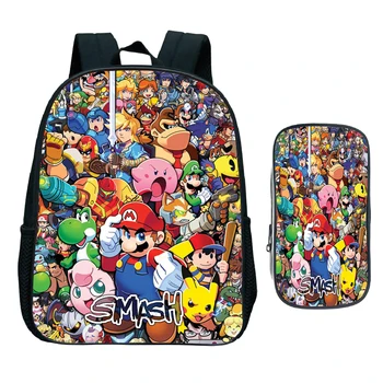 

New Children Super Mario Smash Bros Schoolbag Kids Cartoon Anime Kindergarten Backpack Bookbag Gift (2pcs Set /rucksack Pen Bag)