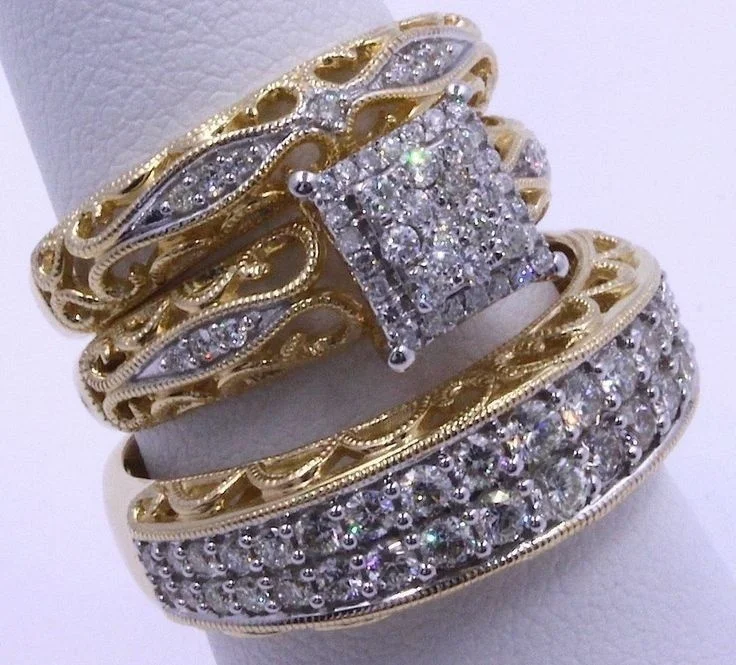 3 шт/набор Разноцветные модные циркониевые инкрустированные Полые металлические кольца для Женские аксессуары, бижутерия праздничный свадебный подарок - Цвет основного камня: Золотой