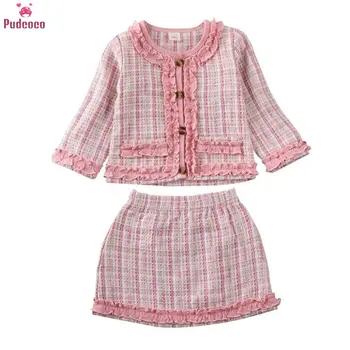 

2PCS Kid Baby Girl Clothes Sets 1-6 Year Princess Pageant Plaid Jackets Coat and A-Line Skirt Outfit Clothes
