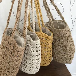 New Korean Holiday Summer Bag Elastic Hand Made Hemp Rope Woven Bag Female Straw Bag Shoulder Bucket Bag