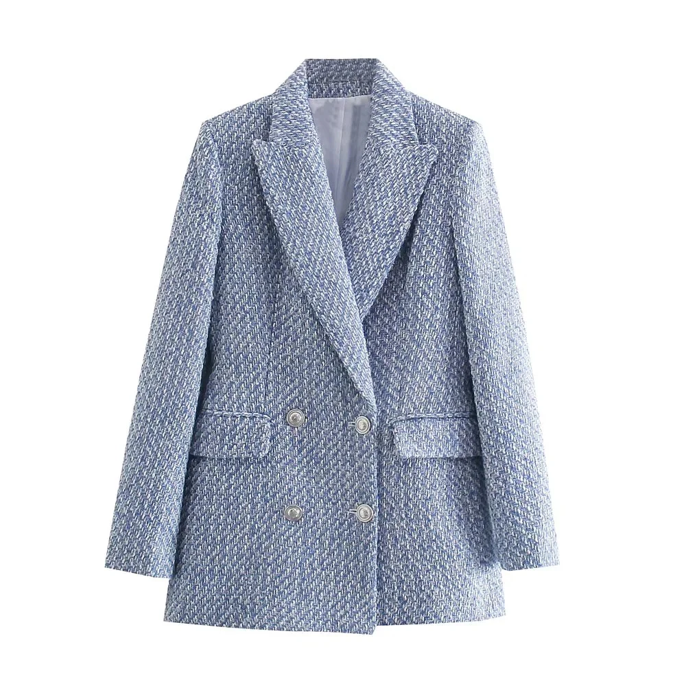 

BBWM 2021 Tweed Women Vintage Blue Plaid Long Sleeve Slim Office Lady Blazer Female Double Breasted Streetweaer Suit Top