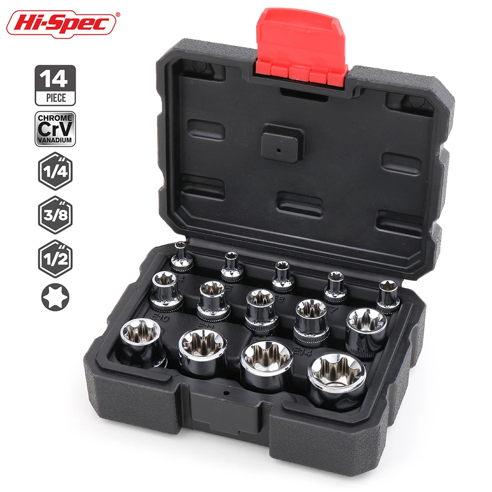 

Hi-Spec 14pc 1/4 3/8 1/2 Torx Star Socket Set Adapter E Type E4-E24 Sockets Wrench Head Auto Repair Hand Tools