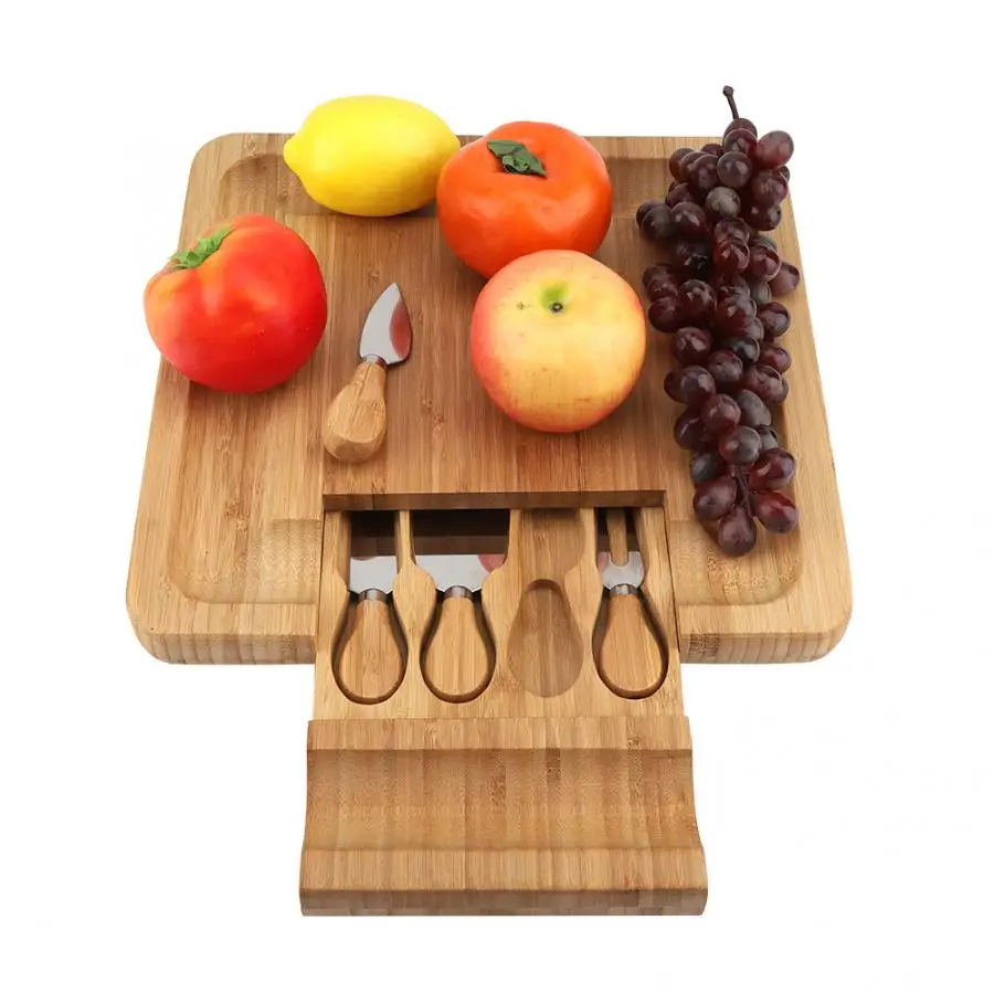 

Bamboo Cheese Board with Integrated Special Cutlery Cutting Tool Compartment Cheese Board with Cutlery Tool