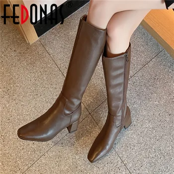 

FEDONAS Fashion Booties Woman High Boots Fall Winter Side Zipper Knee High Boots Wedding Party Thuick Heels Tight High Boots