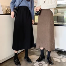 Однотонная повседневная юбка средней длины, женская зимняя теплая трикотажная прямая юбка средней длины в рубчик, черная юбка средней длины