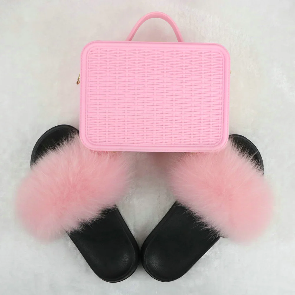 New Fashion Real Fox Fur Slippers for Women Customzed Plush Fur Slides Solid Color Female Hand Bags Sets - Цвет: Set 03