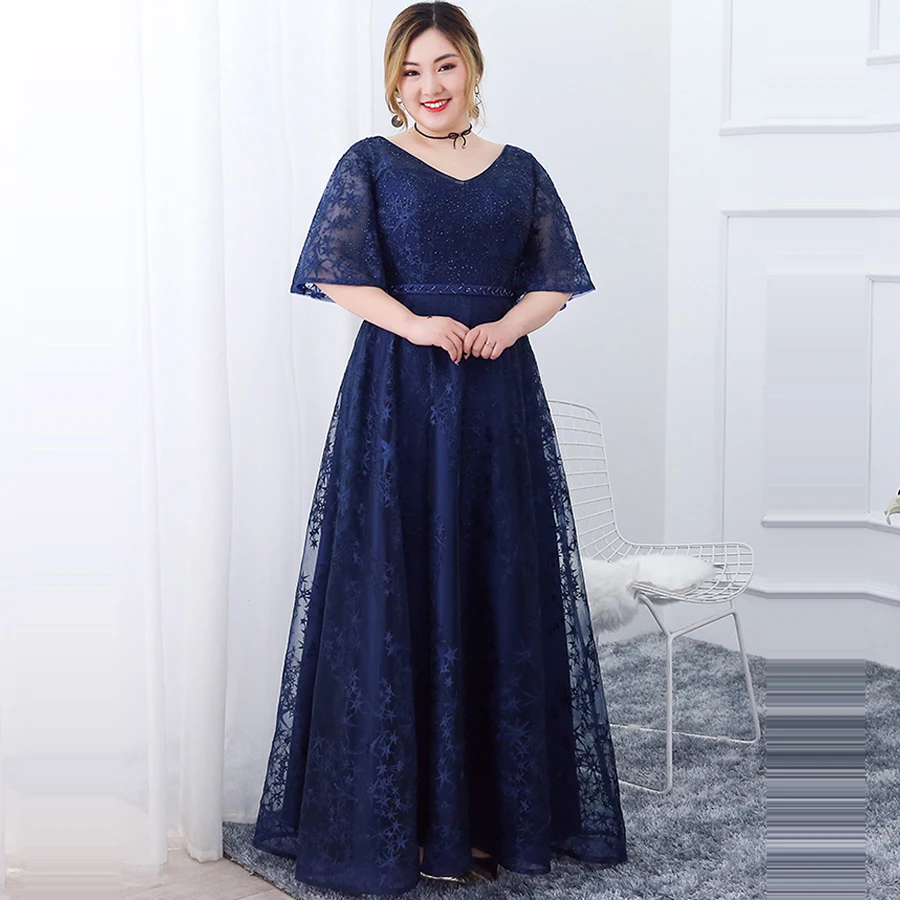 Вечернее платье с v-образным вырезом, Вышитое кристаллами, Robe De Soiree размера плюс, темно-синие женские вечерние платья, вечернее платье с рукавом до локтя T218
