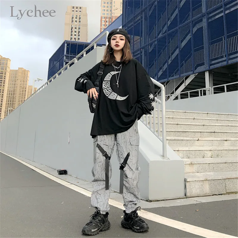 Lychee Harajuku Женская толстовка с принтом черные женские футболки осенние женские футболки с вырезом лодочкой футболки свободные женские футболки