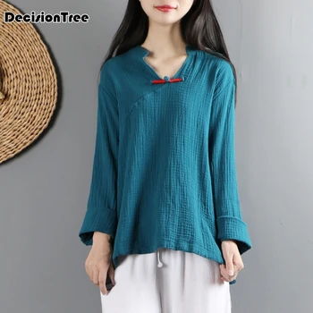 

2020 chinese style art retro plate buckle long sleeve women's shirt loose tops v neck cotton linen blouse clothing for female