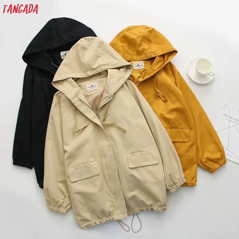 

Tangada Female hooded trench coat 2019 autumn winter casual pocket women windbreaker coat outwear japanese fashion BAO11