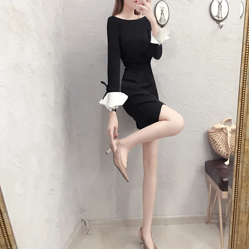

Autumn Clothing Women's 2018 New Style Fashion Elegant Bell Sleeve Black And White with Pattern Dress Autumn Slim Fit Sheath Ski