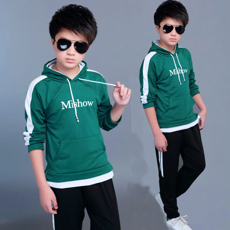 Модный детский спортивный костюм с буквенным принтом для мальчиков, комплект одежды, весенне-осенняя одежда для подростков Топы с капюшоном и длинными рукавами, штаны, 2 предмета, детская одежда - Цвет: Green