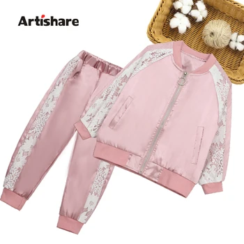 

Girls Sport Clothes Lace Patchwork Jacket + Pants 2 Pcs Teenage Clothes O-Neck Girls Clothes Set Autumn Casual Suit For Girls
