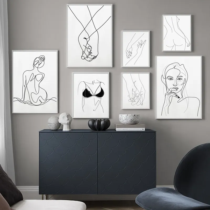 

Poster Wall Art Canvas Painting Hand Girl Line Drawing Painting Nordic Posters And Prints Wall Pictures for Living Room Decor