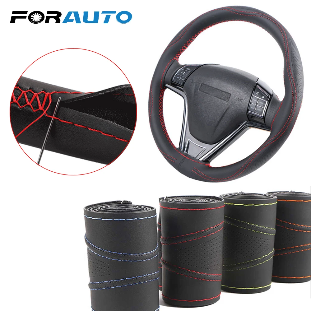 FORAUTO DIY Чехлы рулевого колеса автомобиля с иглой и резьбой протектор рулевого колеса из искусственной кожи Нескользящие универсальные 38 см