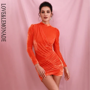 

LOVE&LEMONADE Sexy Orange Stand Collar Sleeve Stitch Elastic Tan Goose Down Bodycon Party Mini Dress LM82166 LM82166