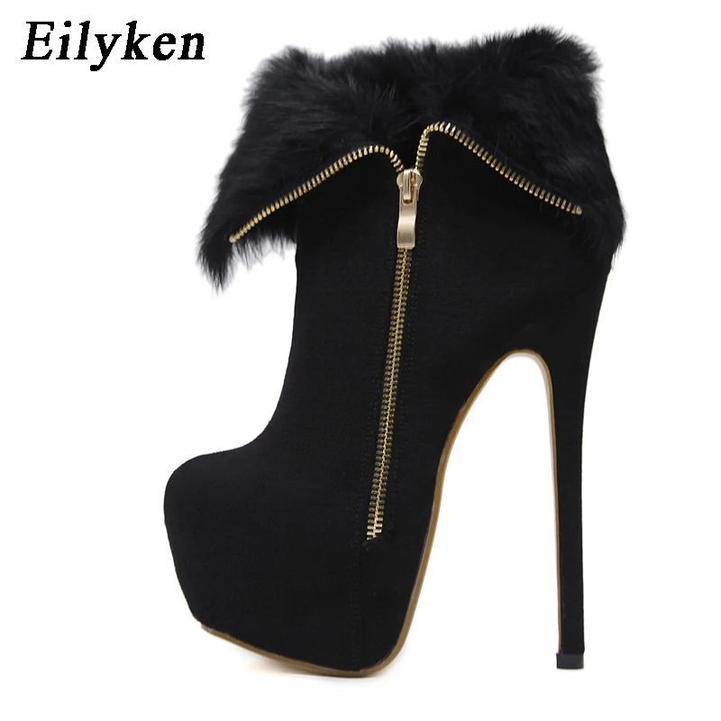 Black Eilyken; Новинка; модные черные короткие плюшевые ботинки; женские ботильоны на платформе и высоком каблуке на молнии; женская обувь; размеры 34-40 - Цвет: Black