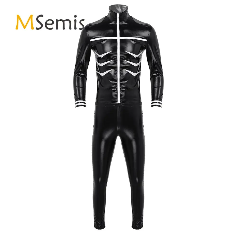 

2Pcs Men Adults Japanese Anime Cosplay Costumes Wetlook PU Leather Suit Stand Collar Long Sleeves Backless Coat with Long Pants